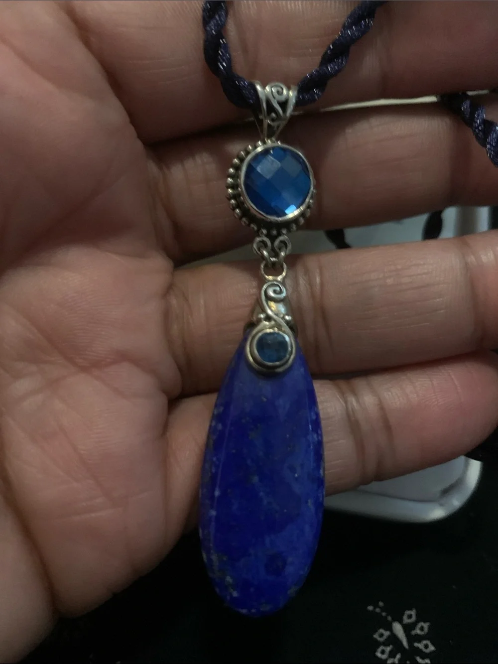 Vintage Saje Lapis Lazuli Teardrop Necklace with Blue Crystal Accents - Picture 4 of 6